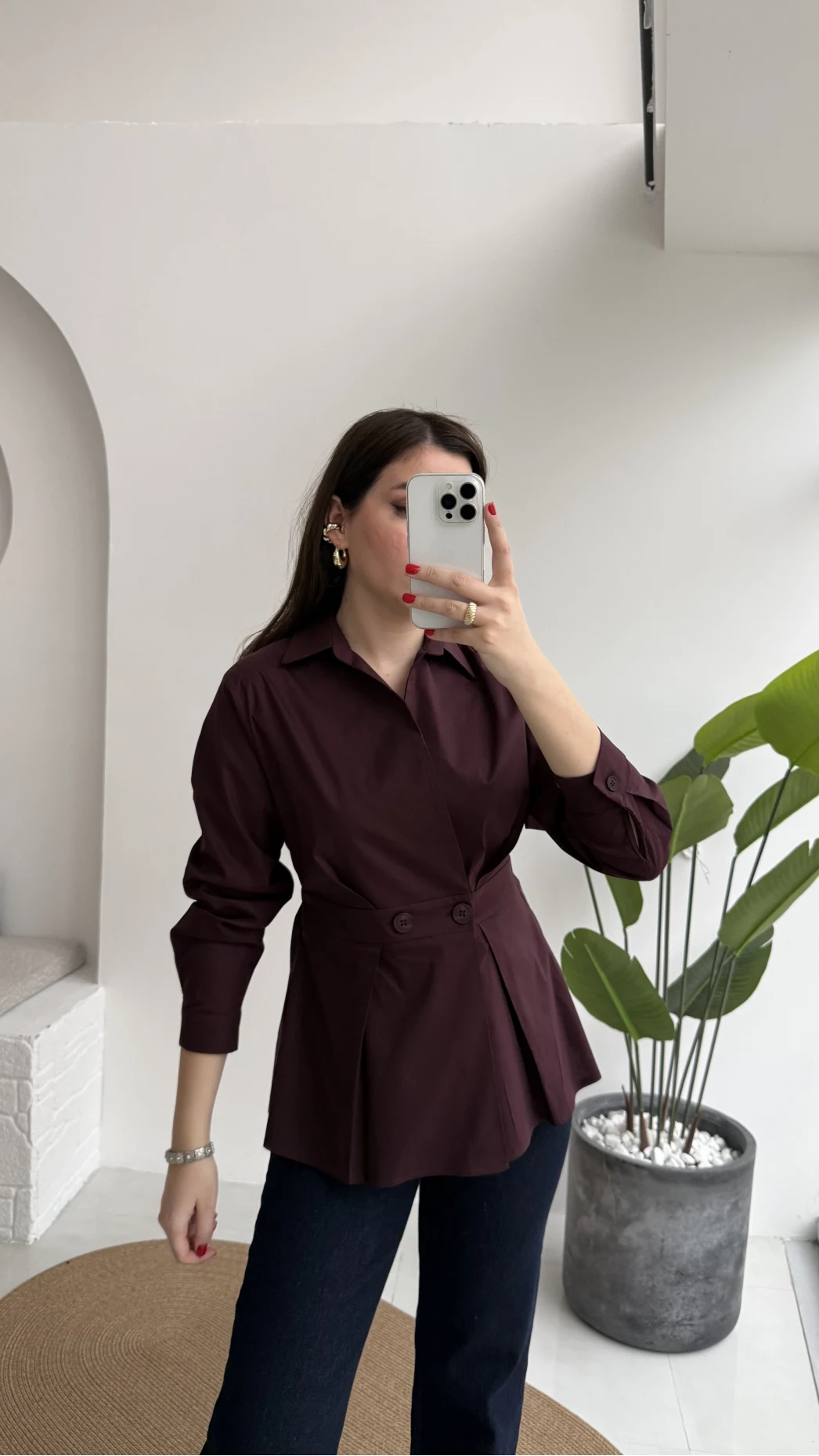 Coquette Pile Detay Düğmeli Kısa Bluz - Mürdüm - Kod: 5426