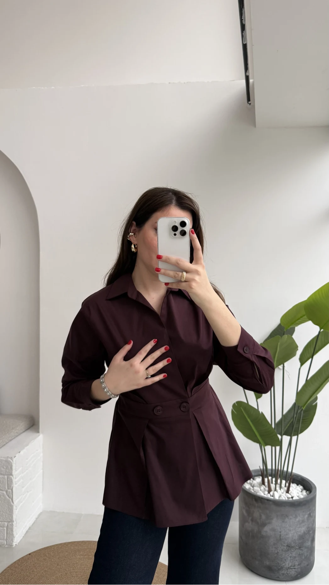 Coquette Pile Detay Düğmeli Kısa Bluz - Mürdüm - Kod: 5426