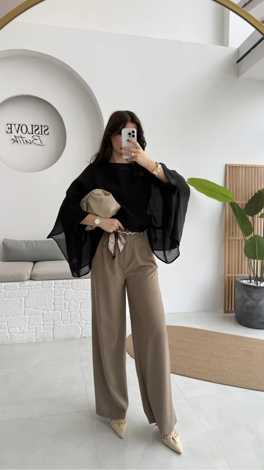 Kirsten Fular Kemerli Palazzo Pantolon - Haki - Kod: 3860