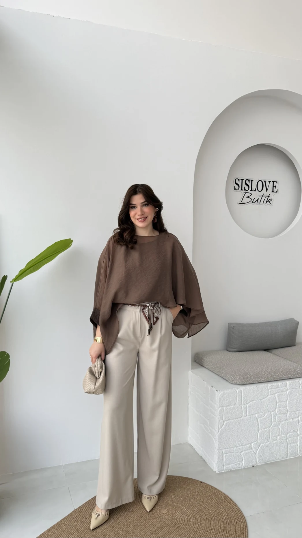 Kirsten Fular Kemerli Palazzo Pantolon - Taş - Kod: 3860