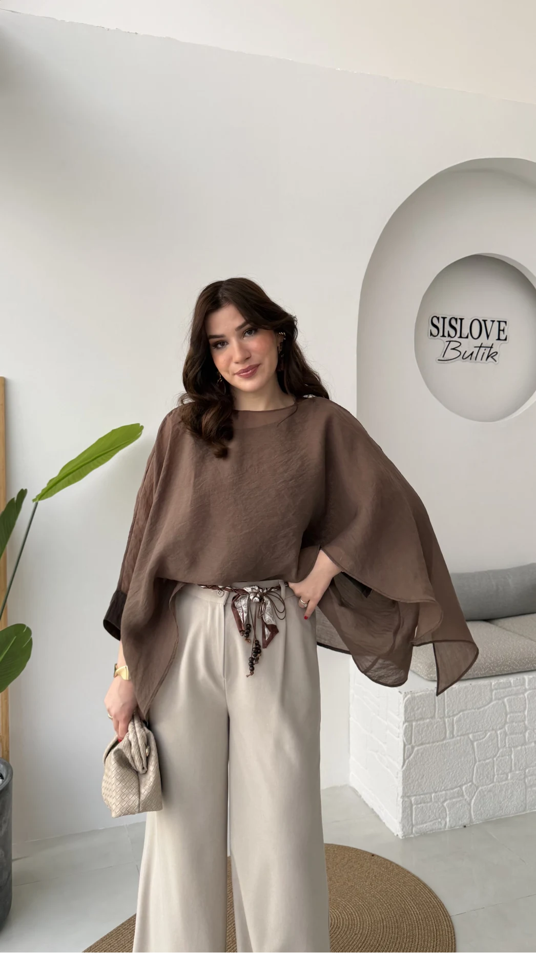 Kirsten Fular Kemerli Palazzo Pantolon - Taş - Kod: 3860