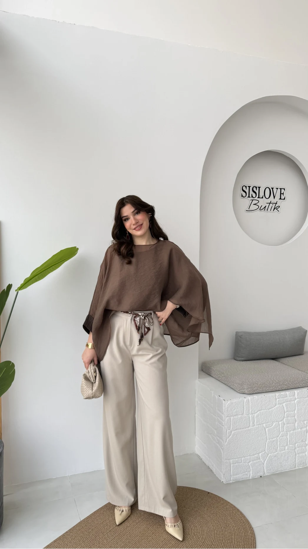 Kirsten Fular Kemerli Palazzo Pantolon - Taş - Kod: 3860