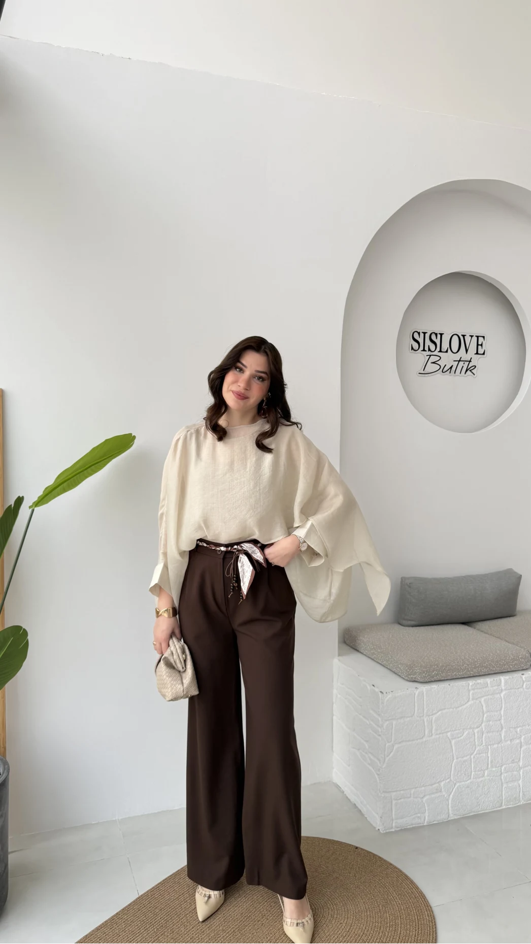 Kirsten Fular Kemerli Palazzo Pantolon - Acı Kahve - Kod: 3860