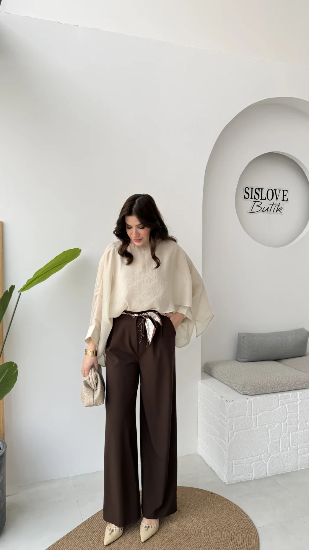 Kirsten Fular Kemerli Palazzo Pantolon - Acı Kahve - Kod: 3860