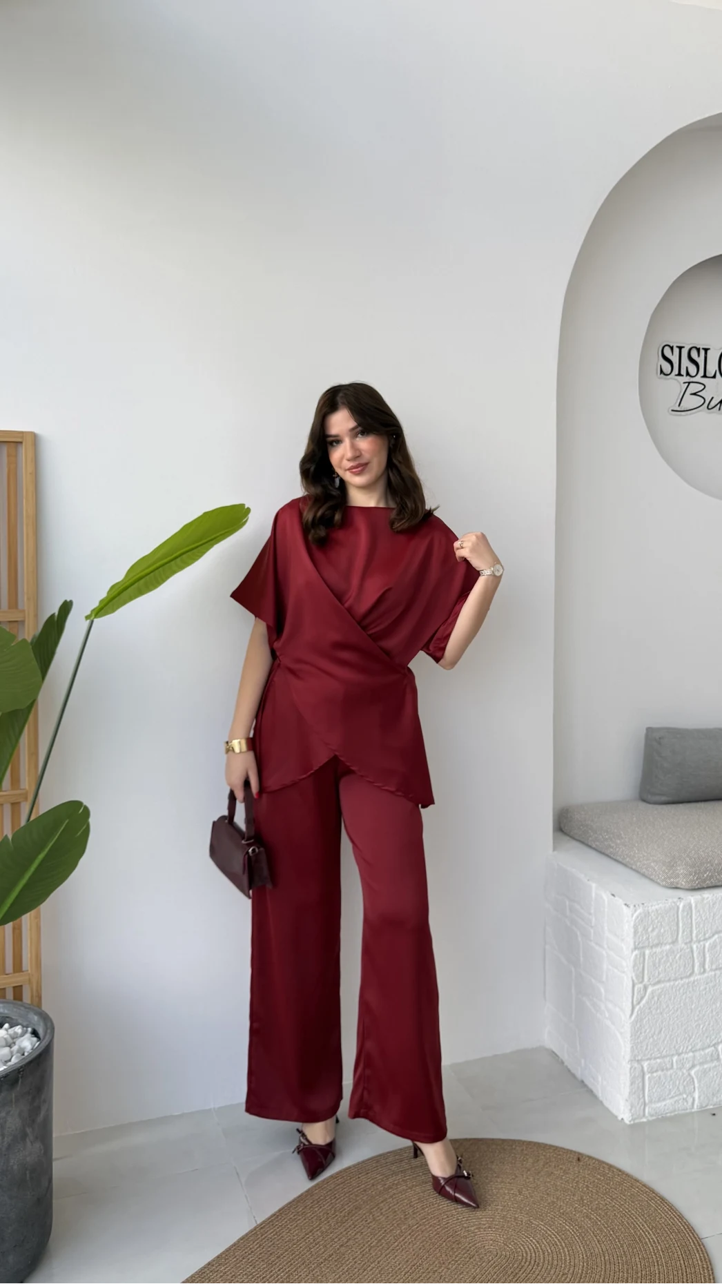 Elodia Kısa Kol Bağlamalı Saten Takım - Bordo