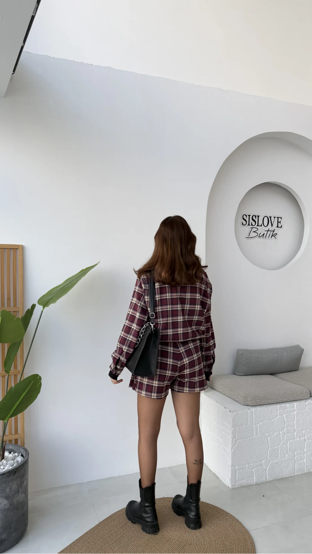 Bomber Zenaıs Ekose Desenli Pileli Şort Etek-Ceket Takım - Bordo