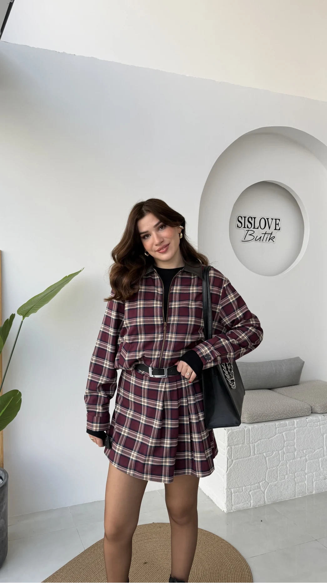 Bomber Zenaıs Ekose Desenli Pileli Şort Etek-Ceket Takım - Bordo