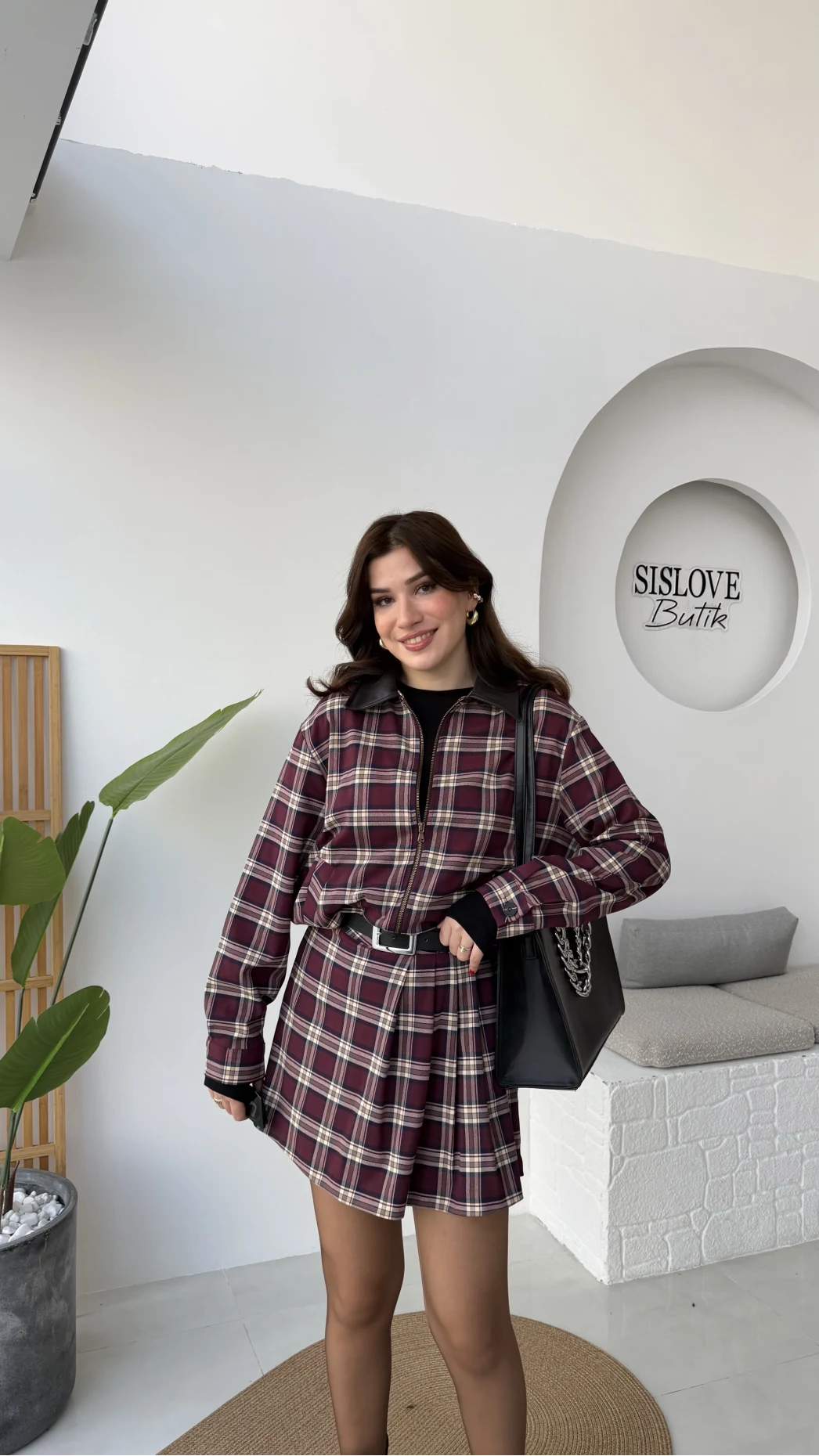 Bomber Zenaıs Ekose Desenli Pileli Şort Etek-Ceket Takım - Bordo