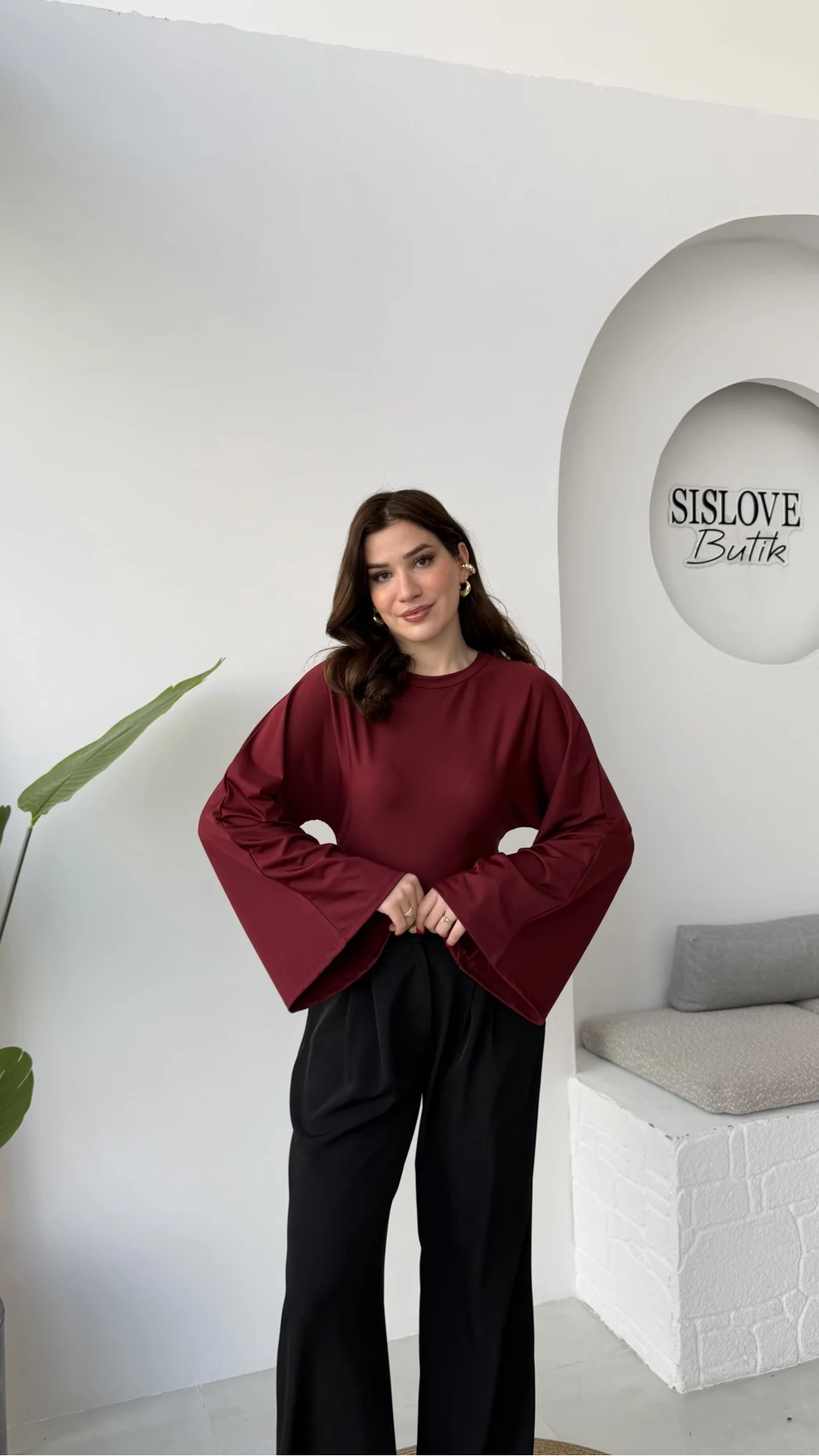 Marıs Yarasa Kol Crop Bluz - Bordo - Kod: 9128