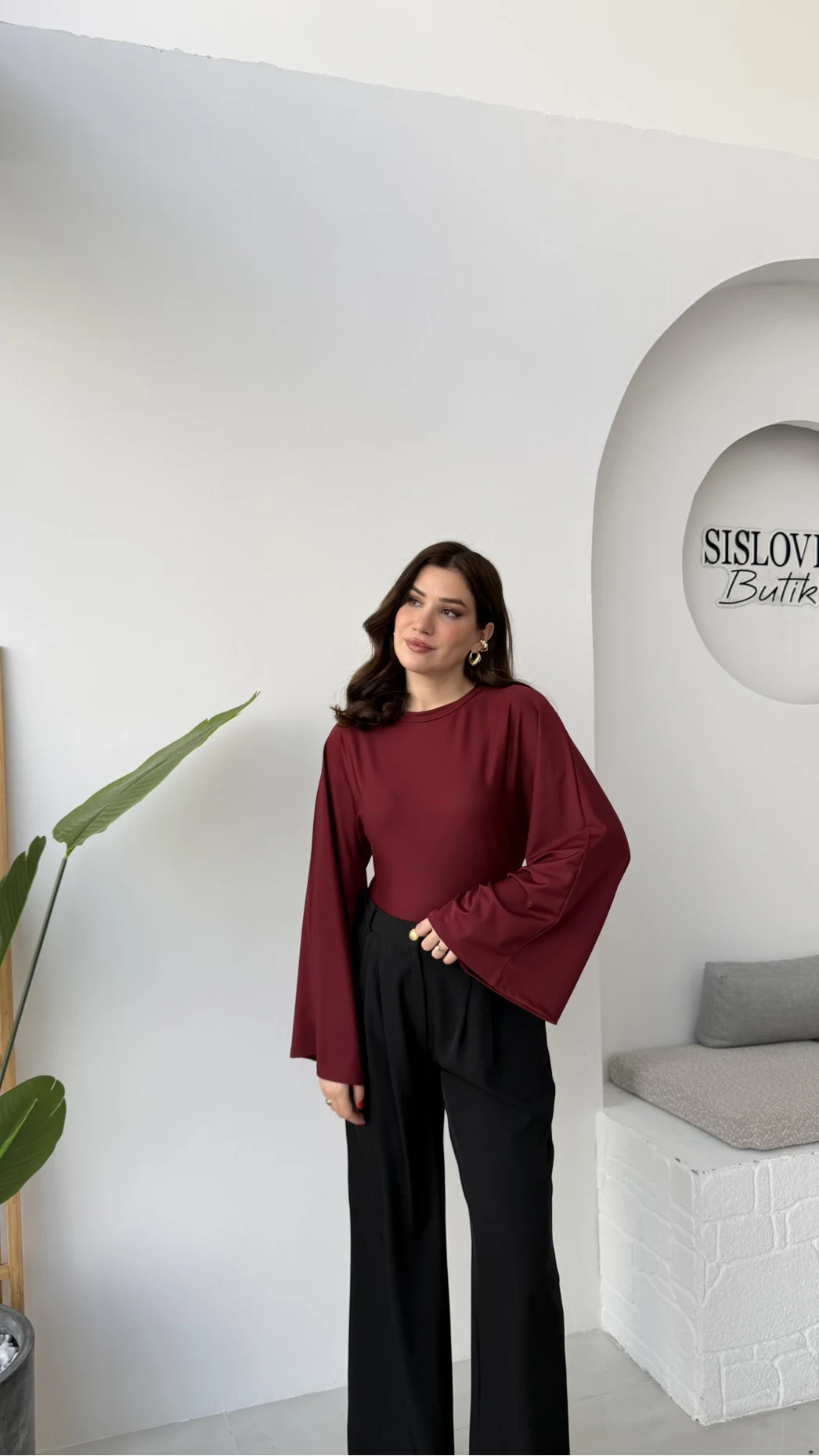 Marıs Yarasa Kol Crop Bluz - Bordo - Kod: 9128