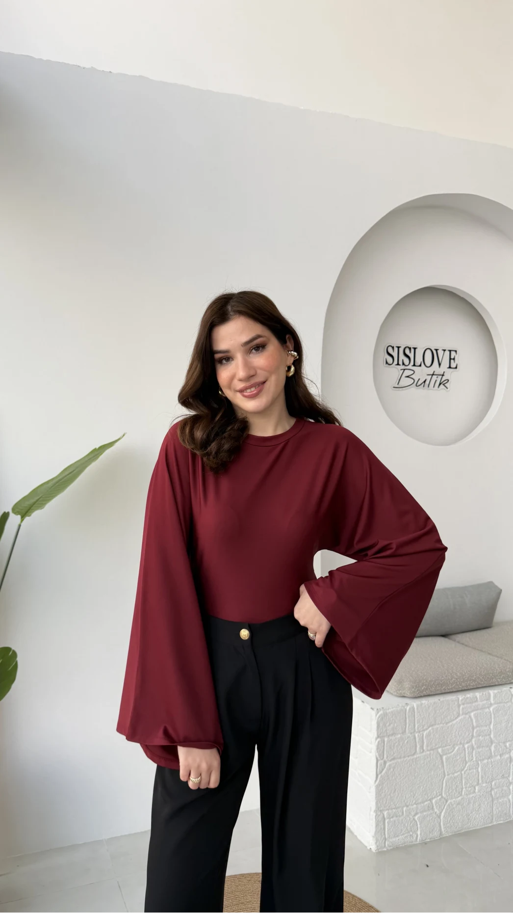 Marıs Yarasa Kol Crop Bluz - Bordo - Kod: 9128