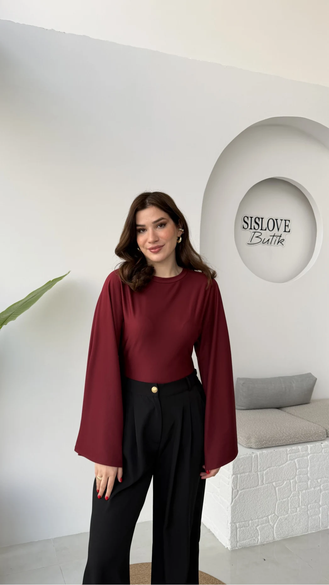 Marıs Yarasa Kol Crop Bluz - Bordo - Kod: 9128