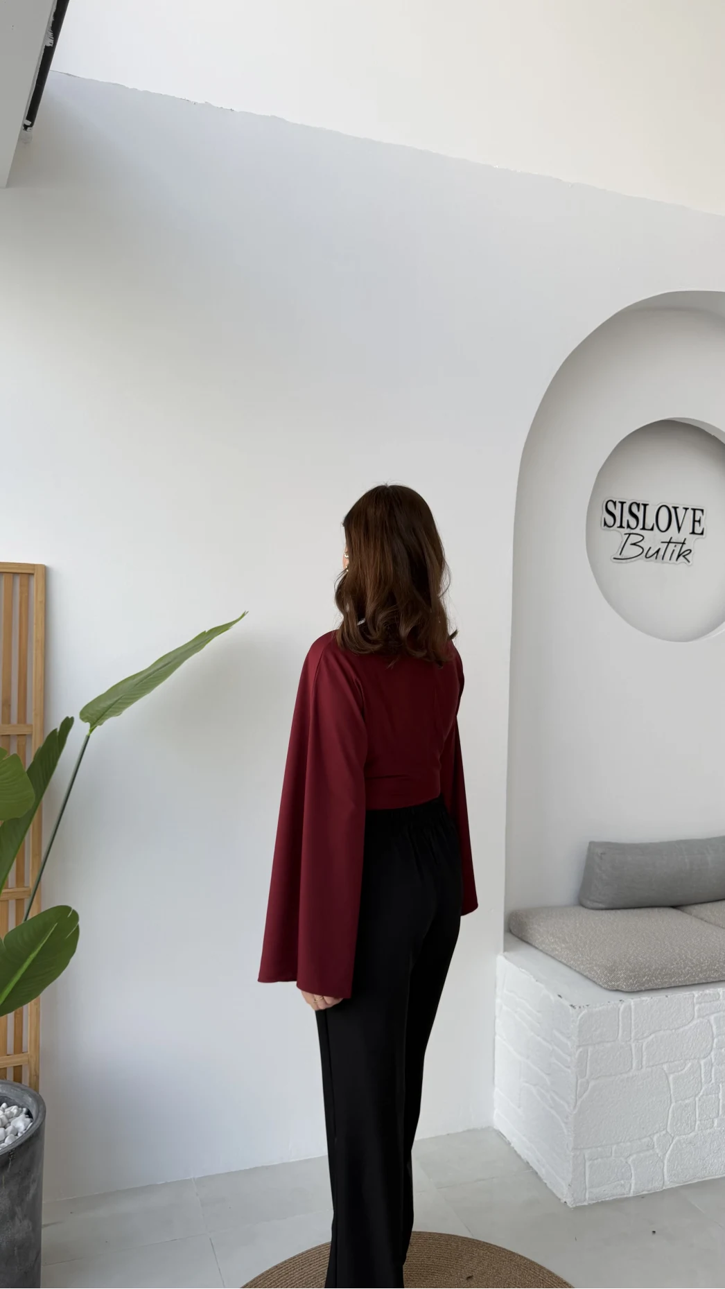 Marıs Yarasa Kol Crop Bluz - Bordo - Kod: 9128