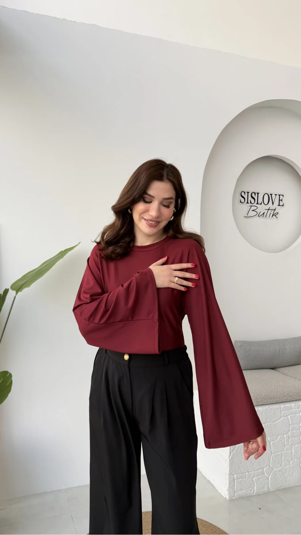 Marıs Yarasa Kol Crop Bluz - Bordo - Kod: 9128