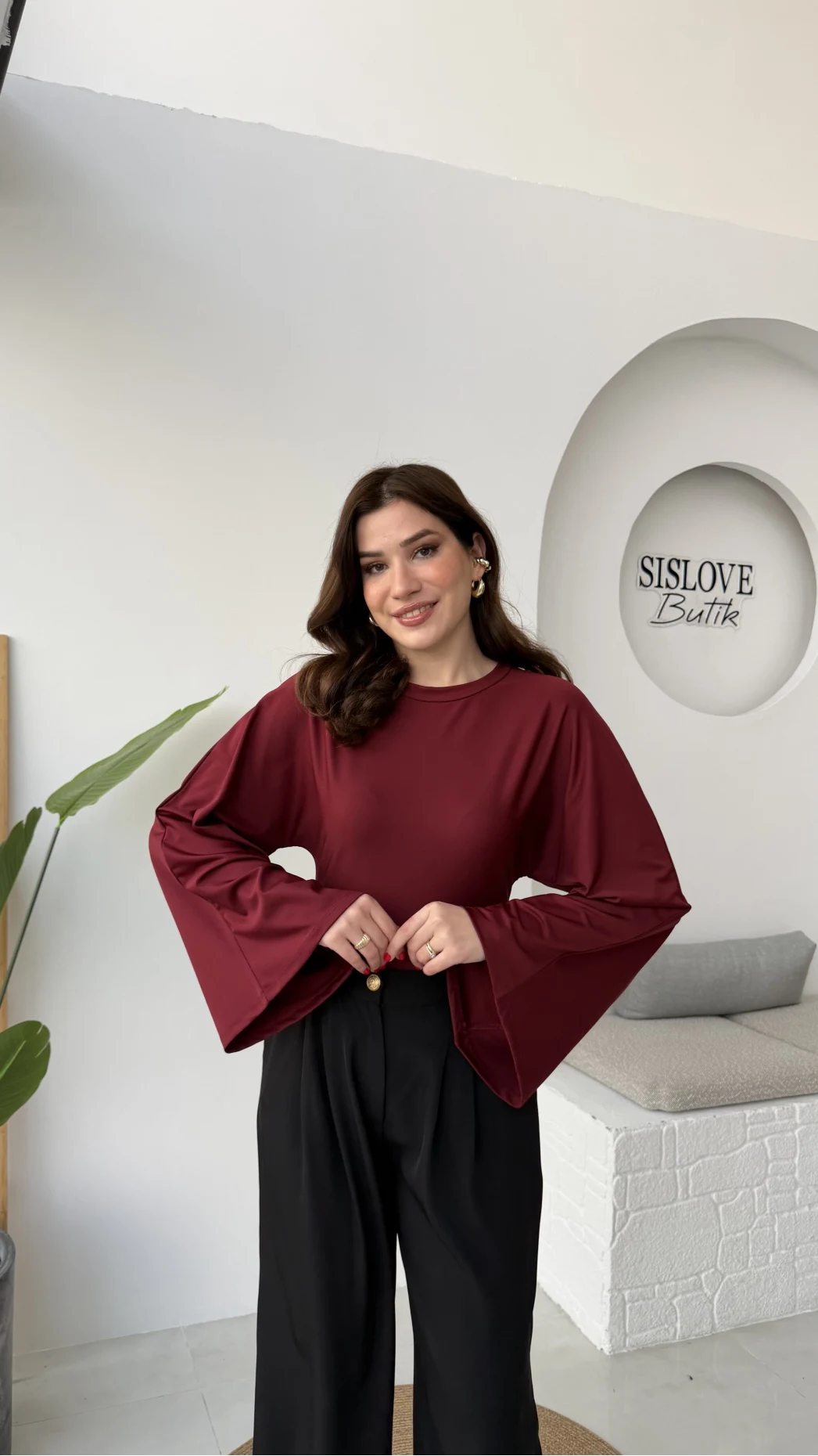 Marıs Yarasa Kol Crop Bluz - Bordo - Kod: 9128