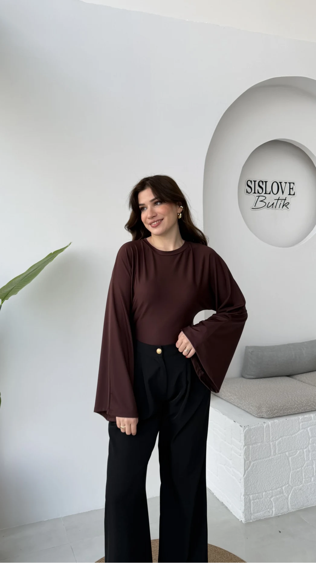 Marıs Yarasa Kol Crop Bluz - Acı Kahve - Kod: 9128