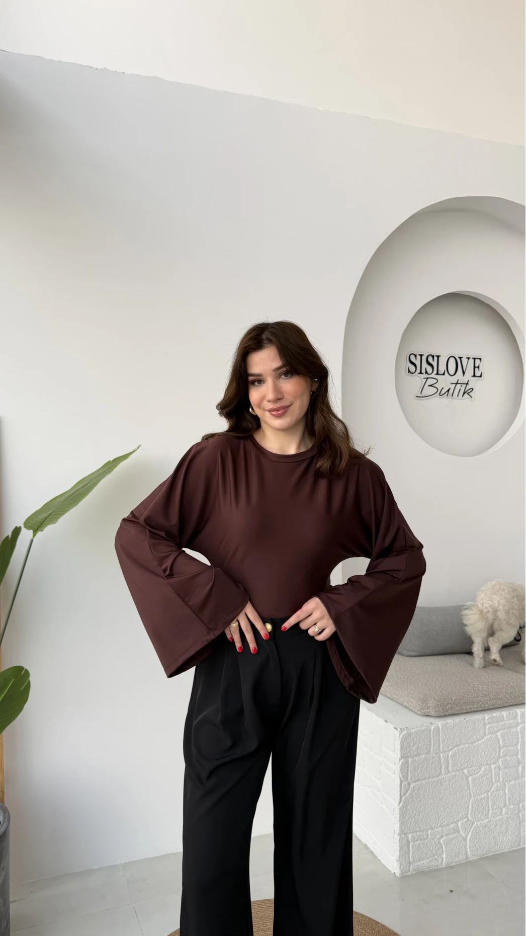 Marıs Yarasa Kol Crop Bluz - Acı Kahve - Kod: 9128