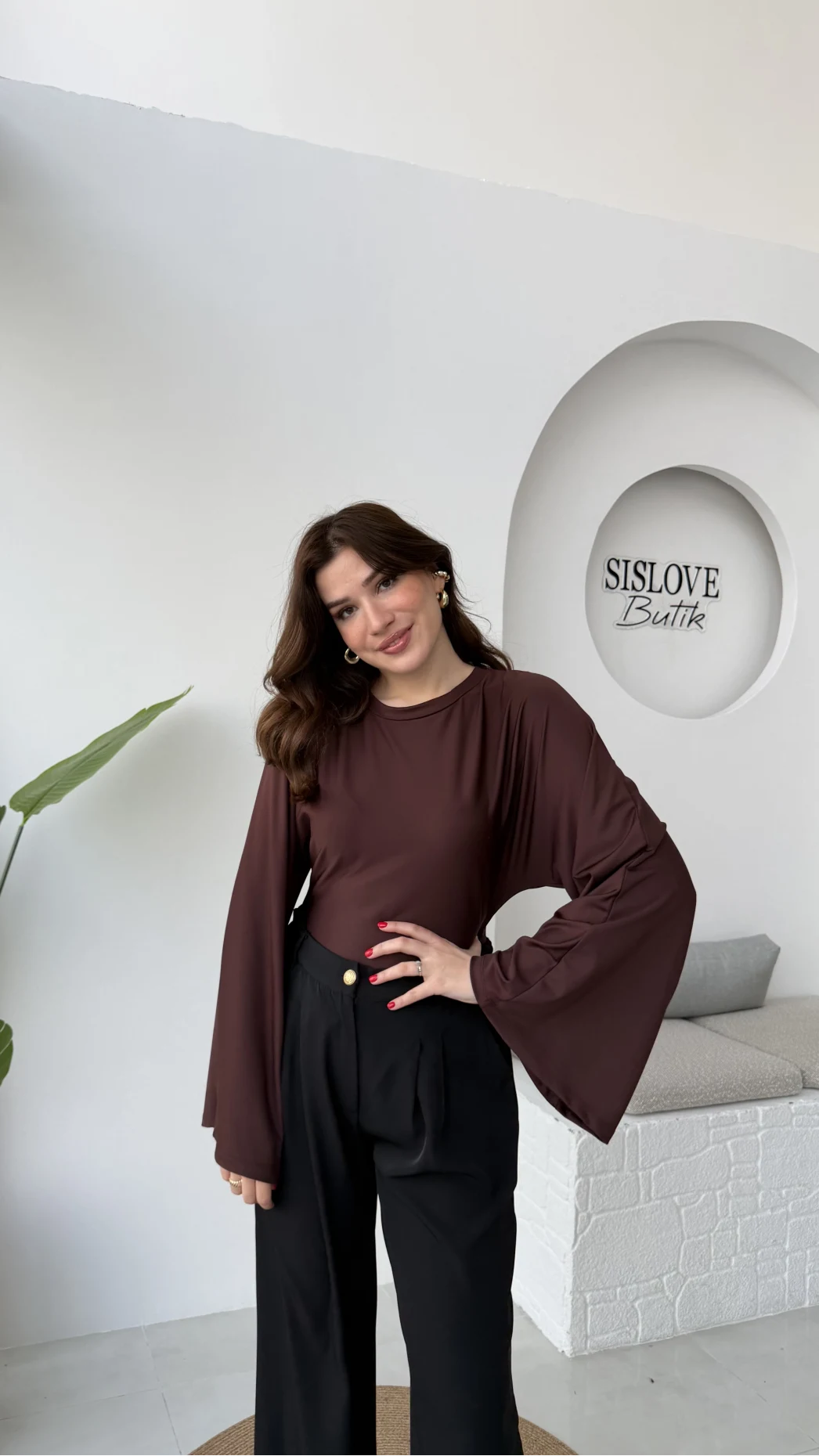 Marıs Yarasa Kol Crop Bluz - Acı Kahve - Kod: 9128