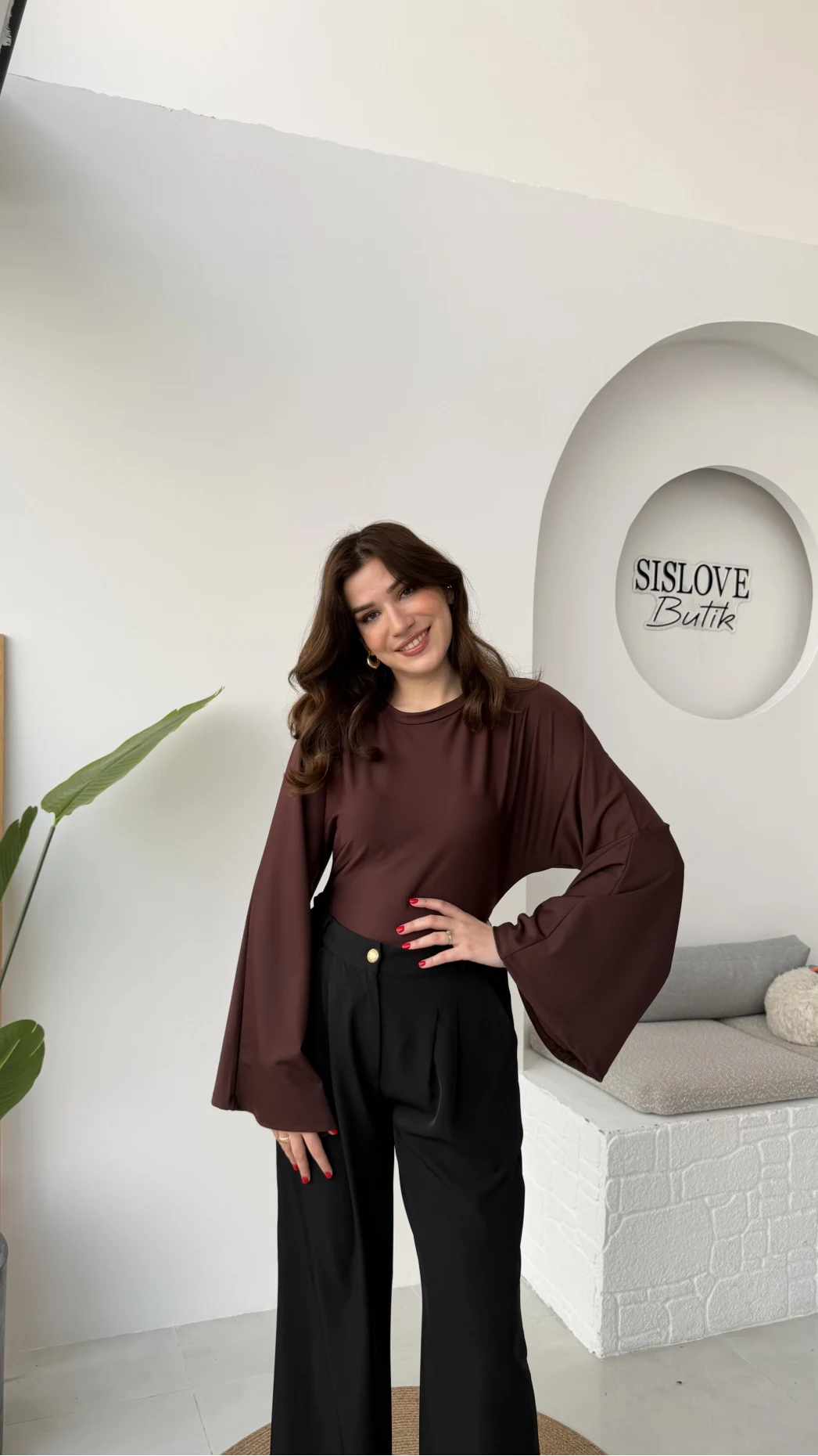 Marıs Yarasa Kol Crop Bluz - Acı Kahve - Kod: 9128