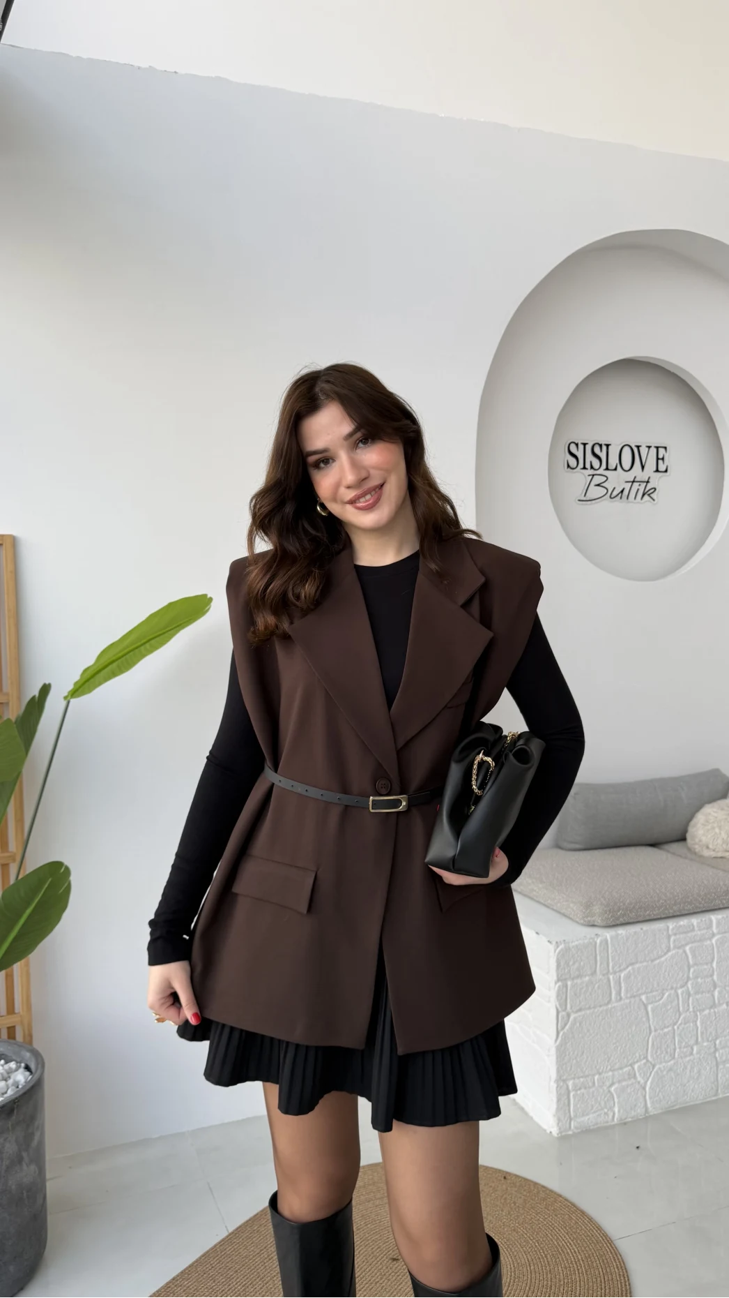 Floria Vatkalı Kemerli Yelek - Kahverengi - Kod: 7449