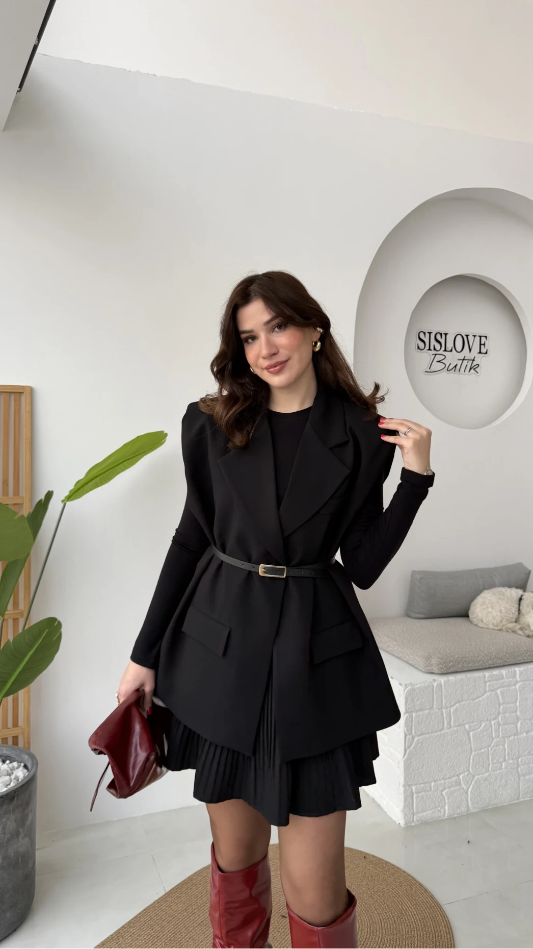 Floria Vatkalı Kemerli Yelek - Siyah - Kod: 7449