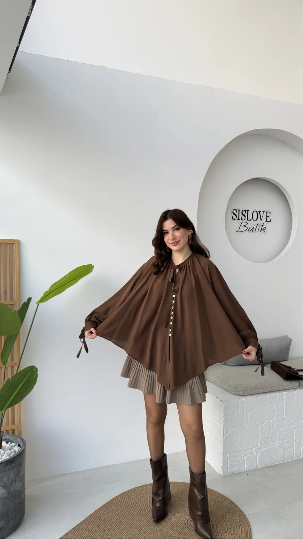 Georgia Bağlama Detaylı Dökümlü Gömlek - Acı Kahve - Kod: 4988