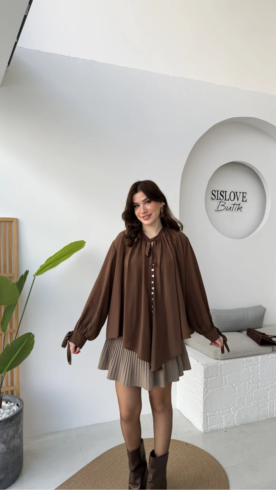 Georgia Bağlama Detaylı Dökümlü Gömlek - Acı Kahve - Kod: 4988