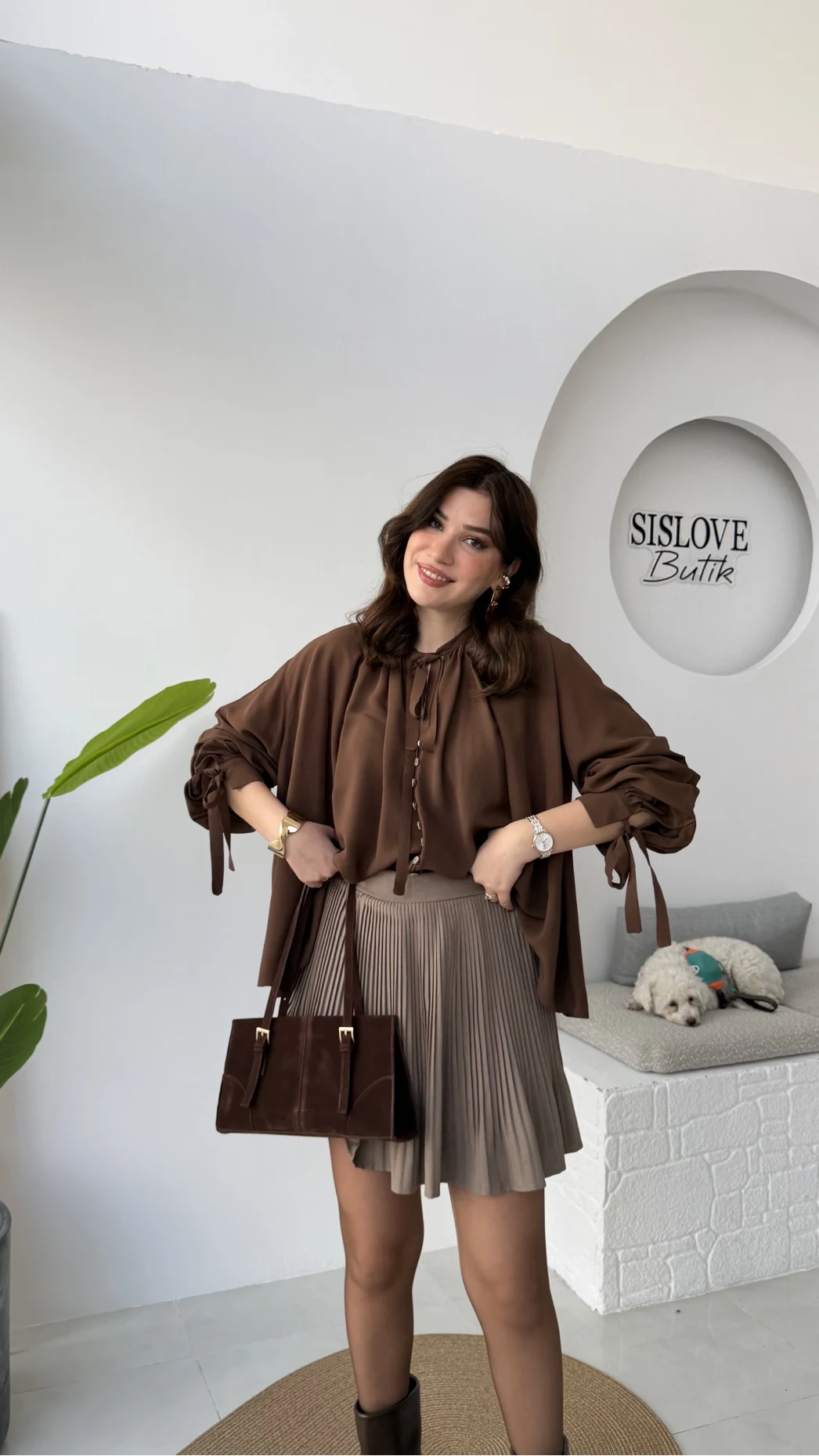 Georgia Bağlama Detaylı Dökümlü Gömlek - Acı Kahve - Kod: 4988