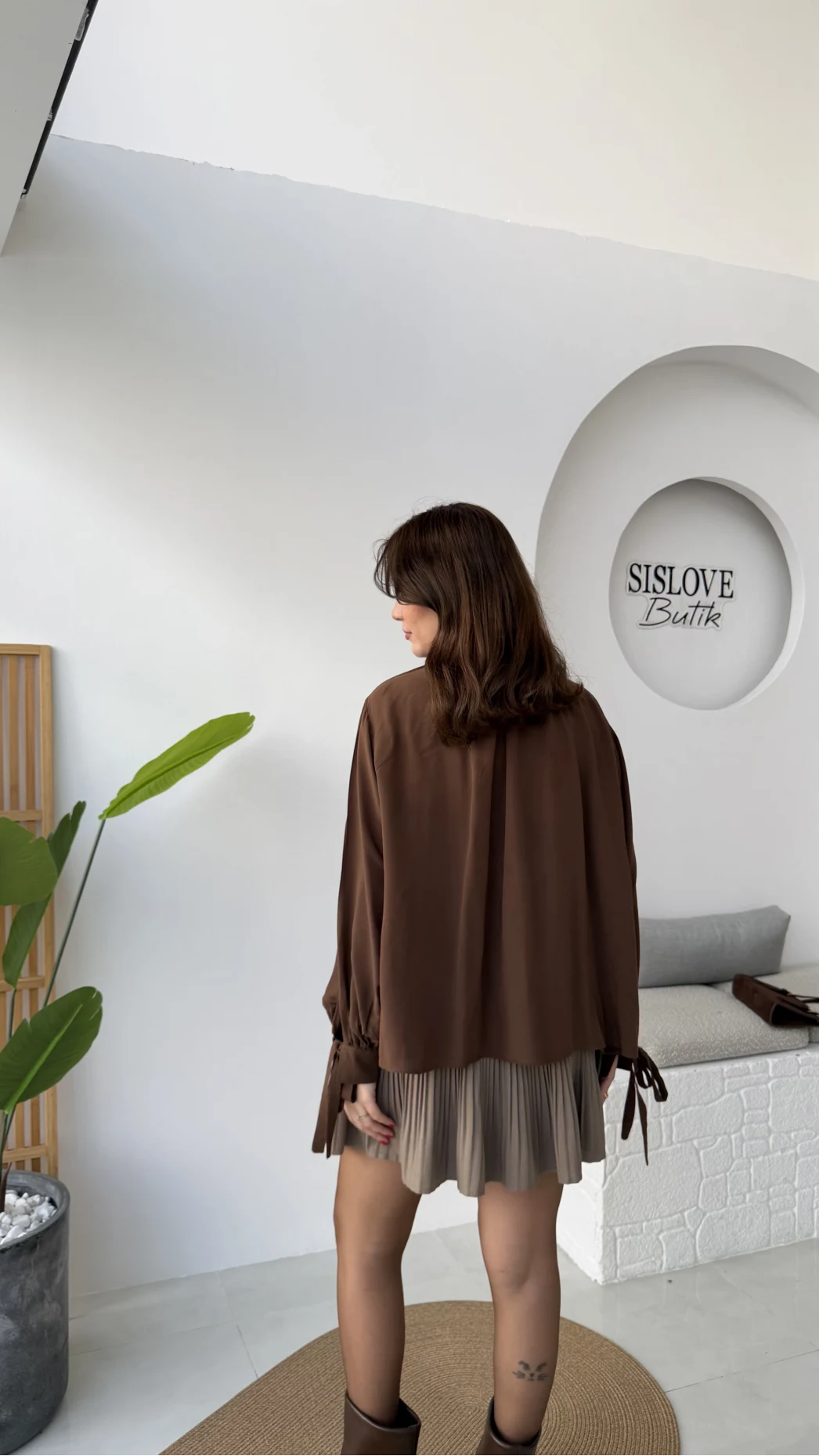 Georgia Bağlama Detaylı Dökümlü Gömlek - Acı Kahve - Kod: 4988