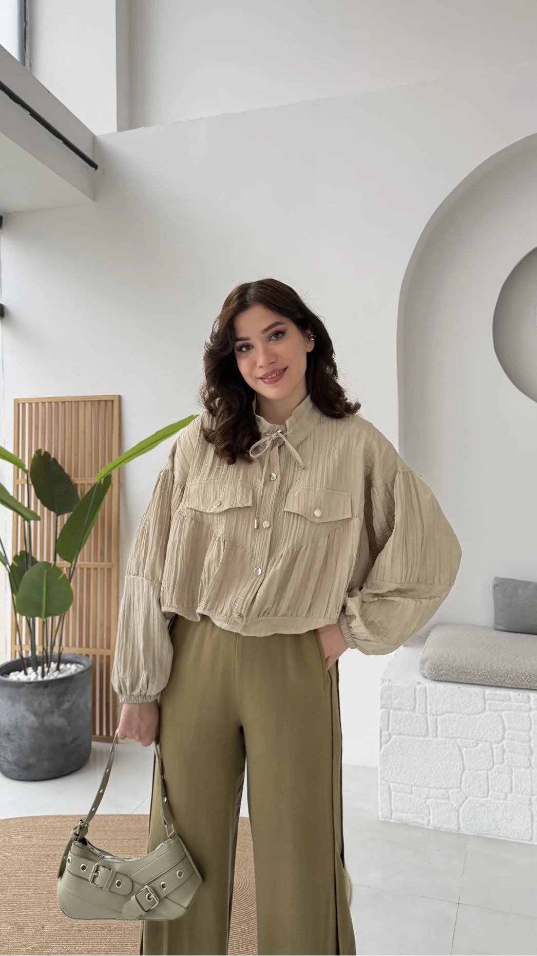 Kırınkıl Kumaş İnce Ceket - Taş-Haki Tonları - Kod: 9671