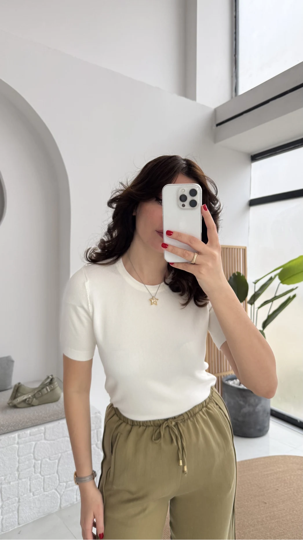 Dilvin Bisiklet Yaka Kısa Kol Triko Bluz - Ekru - Kod: 10779