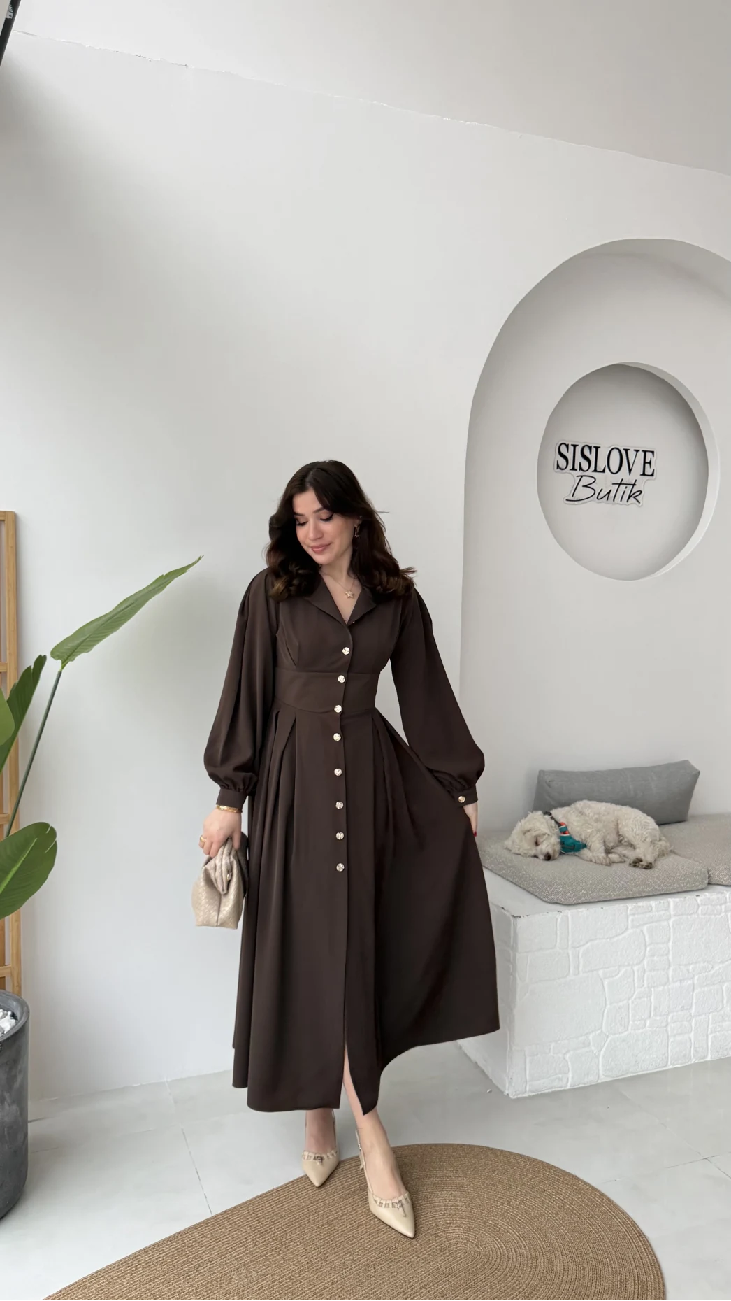 Naples Balon Kol Bel Detay Düğmeli Elbise - Acı Kahve - Kod: 2337