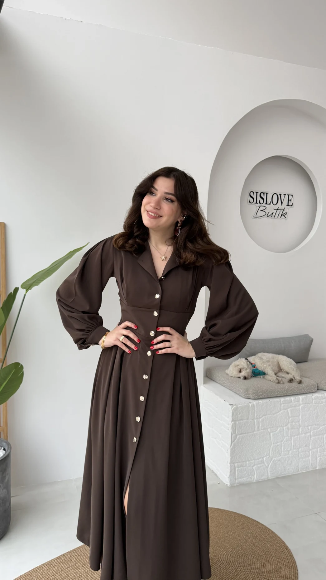 Naples Balon Kol Bel Detay Düğmeli Elbise - Acı Kahve - Kod: 2337