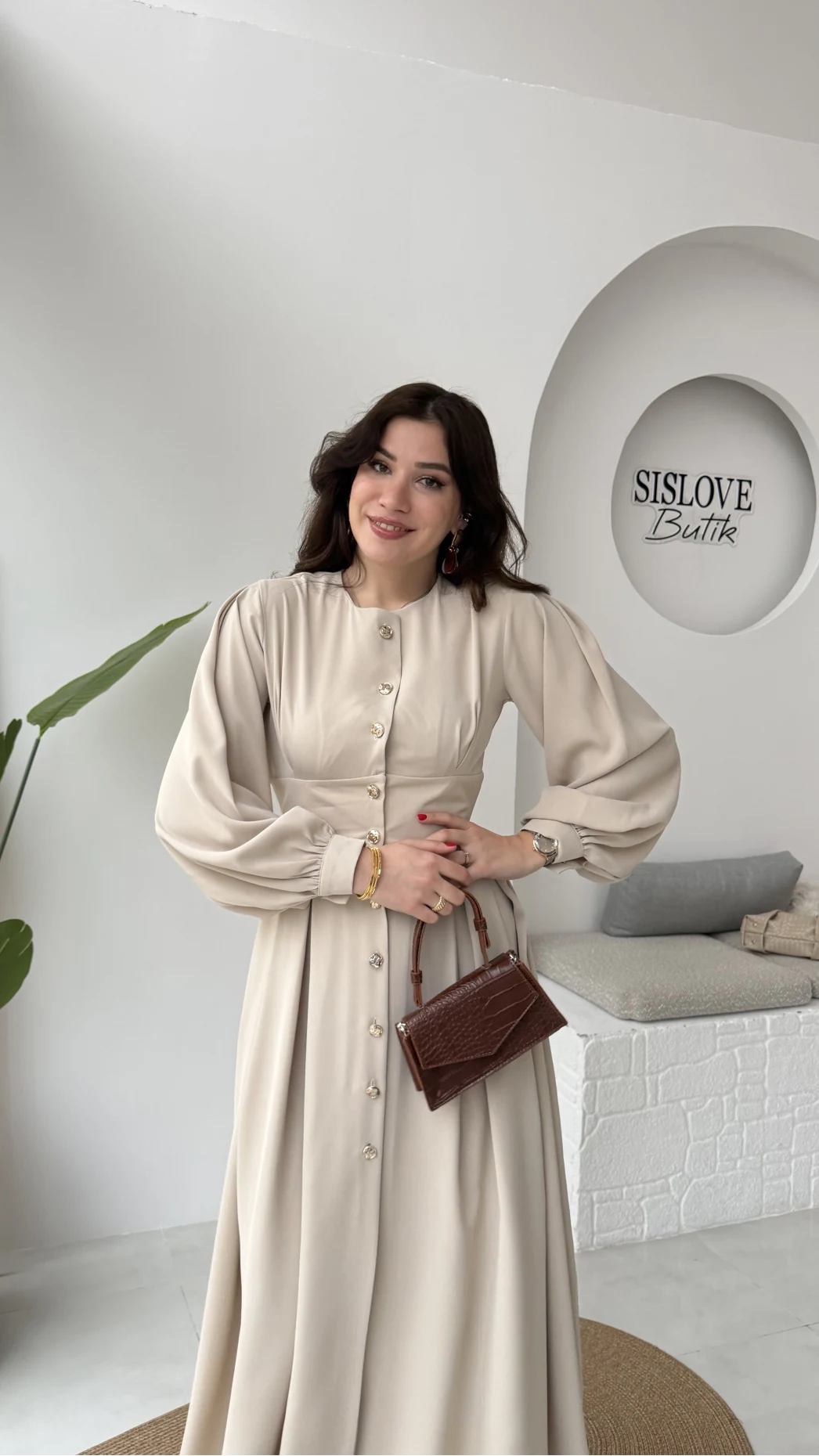 Naples Balon Kol Bel Detay Düğmeli Elbise - Taş - Kod: 2337