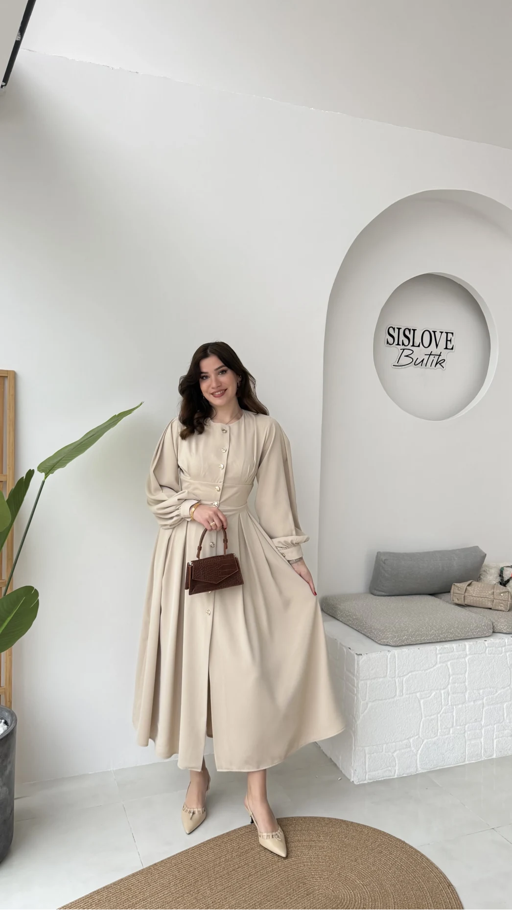 Naples Balon Kol Bel Detay Düğmeli Elbise - Taş - Kod: 2337