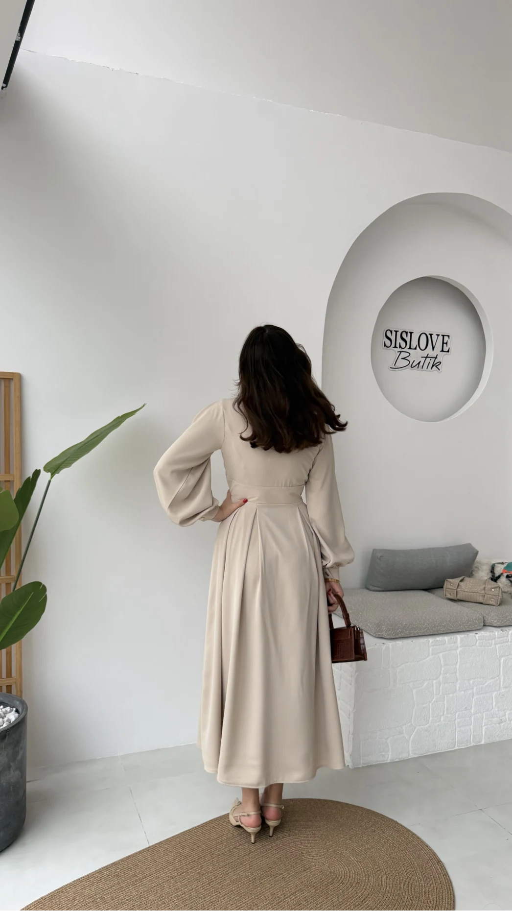 Naples Balon Kol Bel Detay Düğmeli Elbise - Taş - Kod: 2337