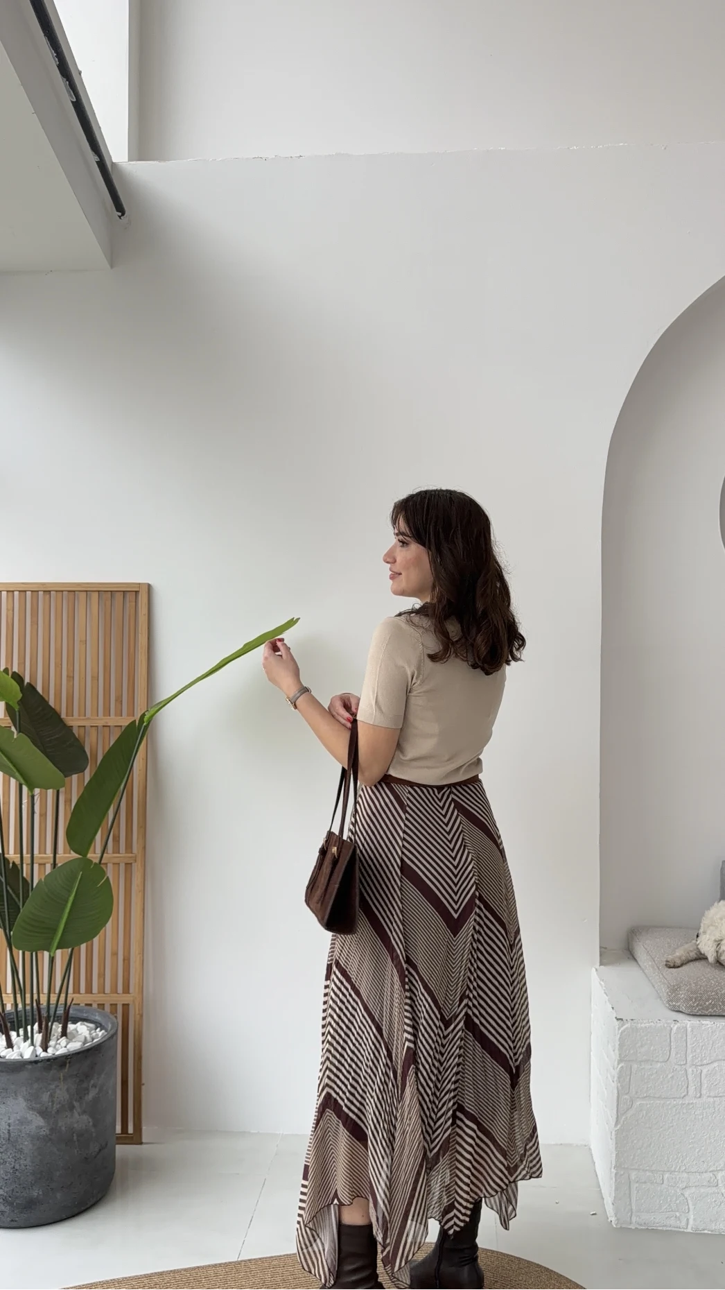 Diana Çizgili Asimetrik Kesim Şifon Etek - Kahverengi - Kod: 3373