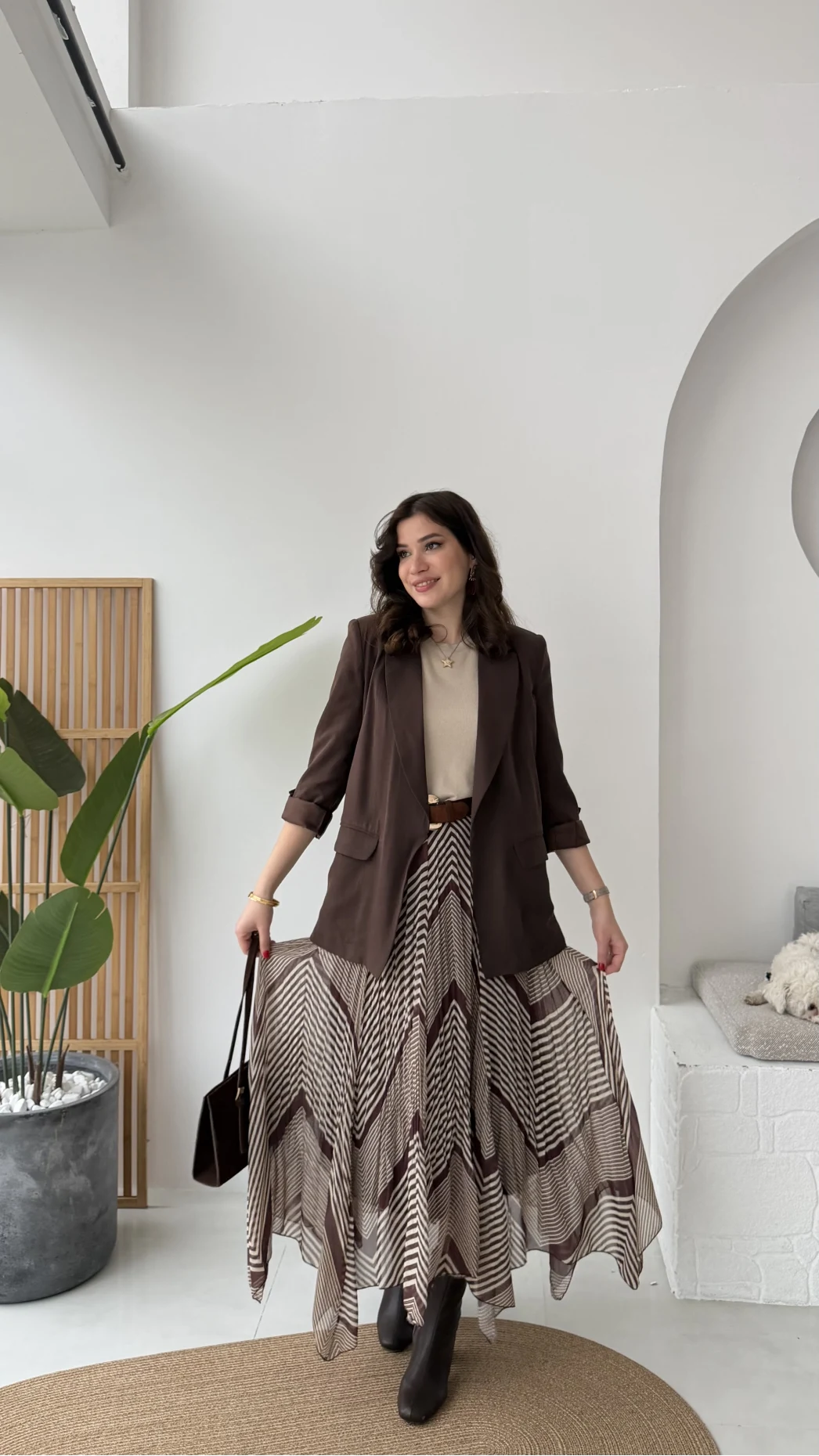 Diana Çizgili Asimetrik Kesim Şifon Etek - Kahverengi - Kod: 3373