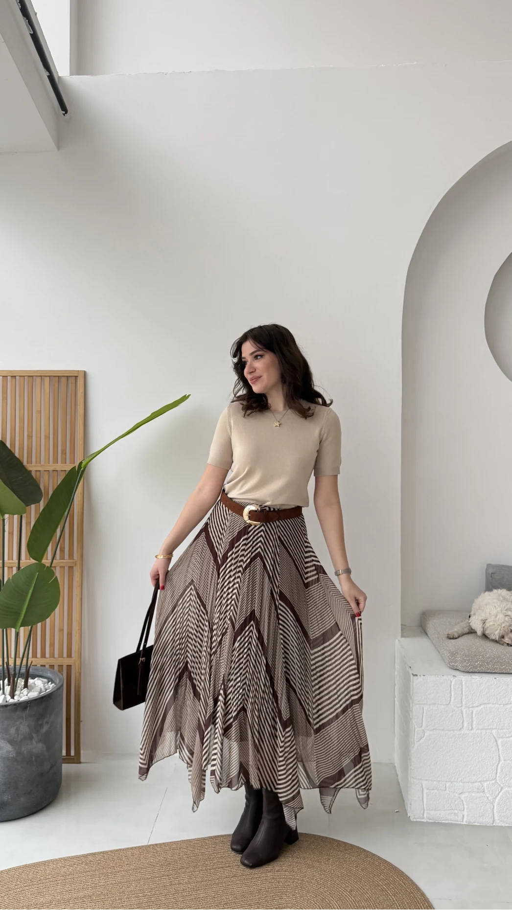 Diana Çizgili Asimetrik Kesim Şifon Etek - Kahverengi - Kod: 3373