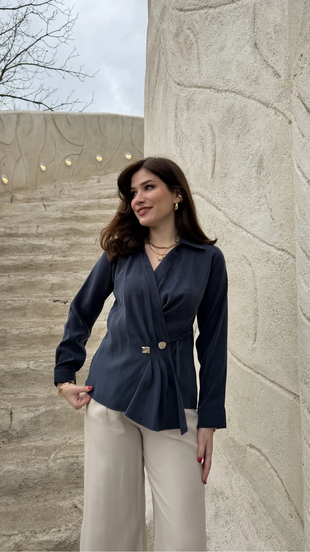 Aksesuar Detay Kimono Gömlek - Lacivert - Kod: 2203