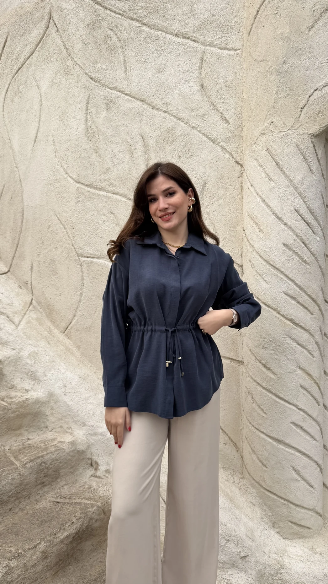 Tracy Belden Bağlamalı Gömlek - Lacivert - Kod: 2202