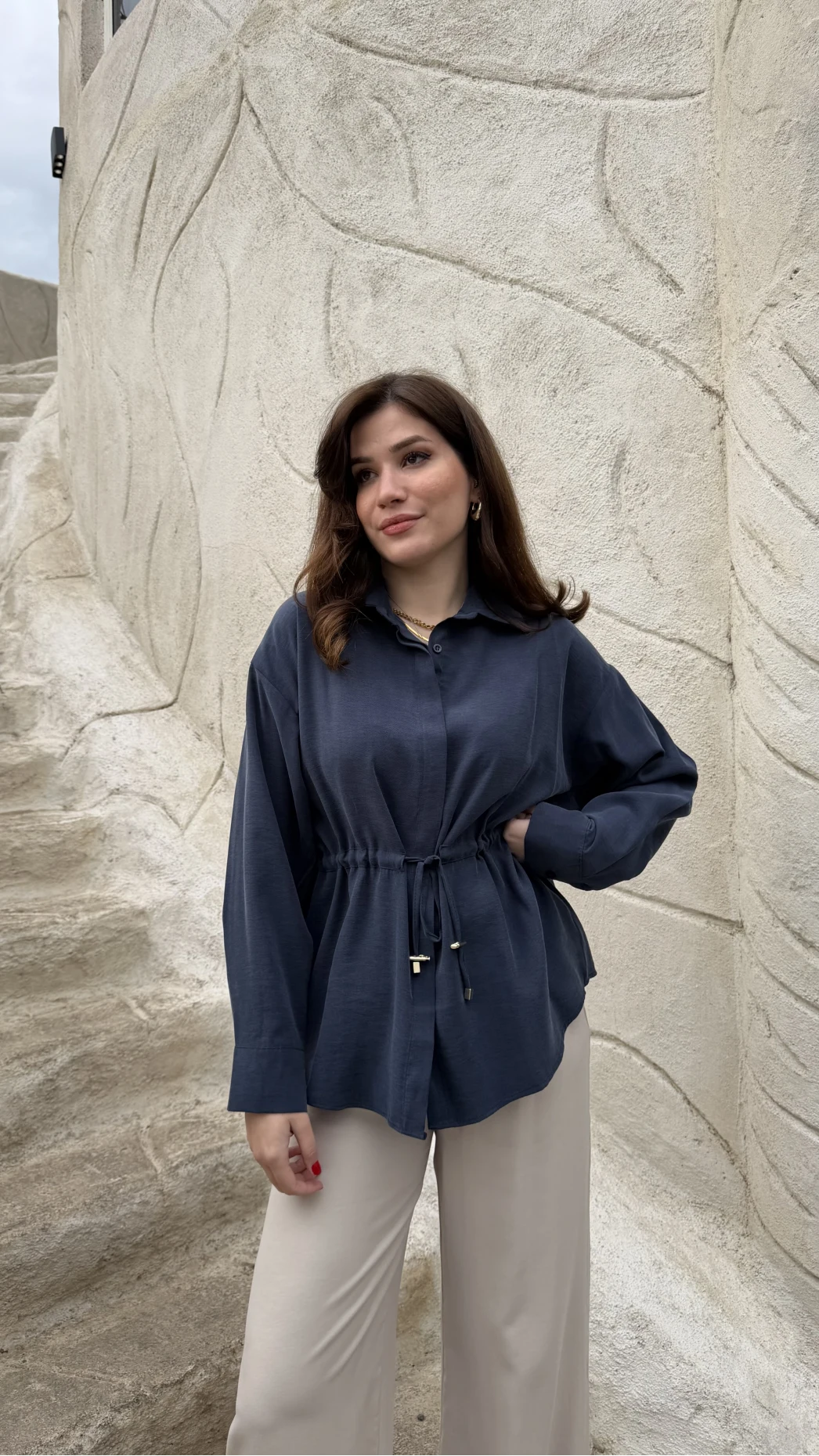 Tracy Belden Bağlamalı Gömlek - Lacivert - Kod: 2202