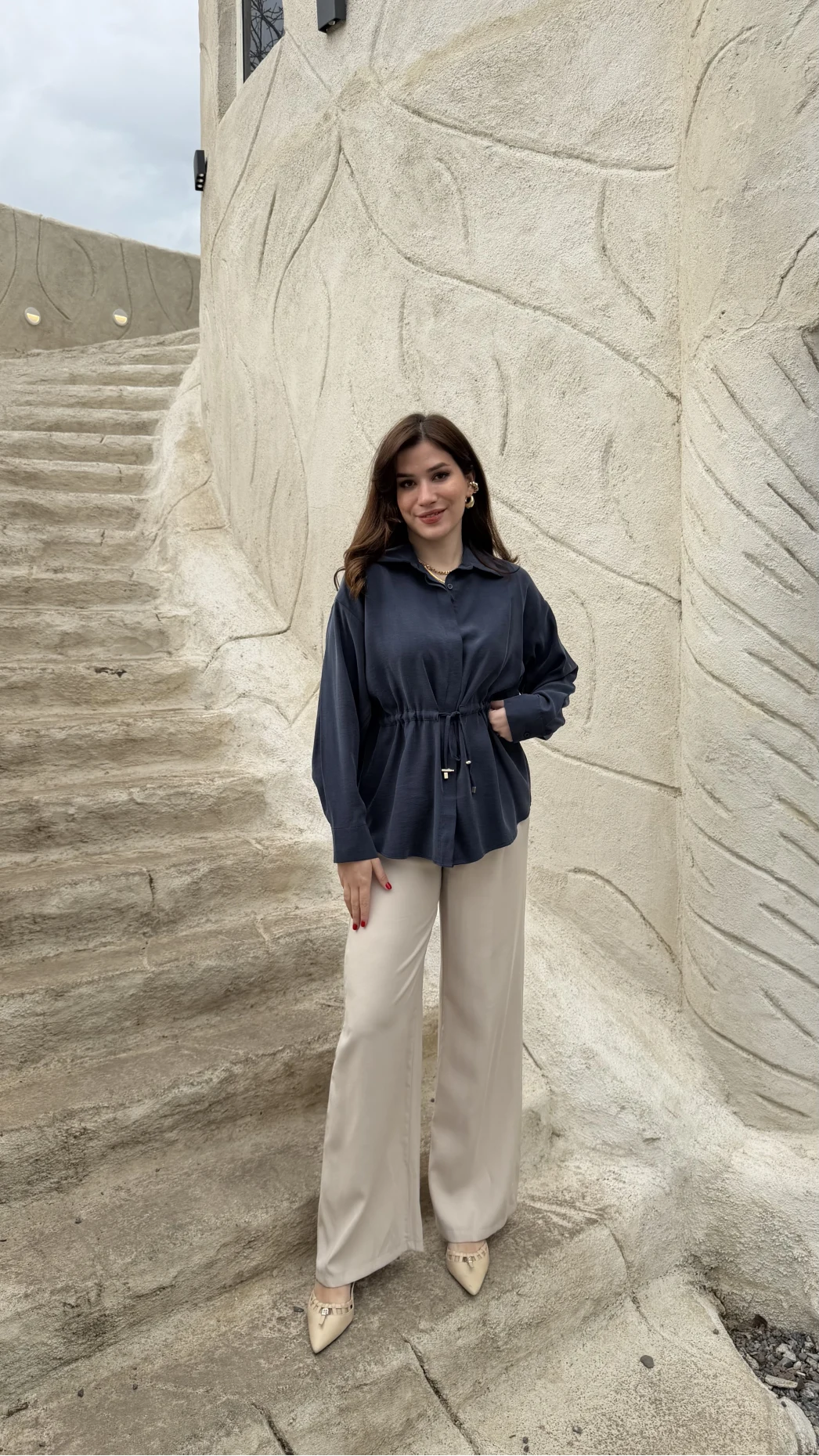 Tracy Belden Bağlamalı Gömlek - Lacivert - Kod: 2202