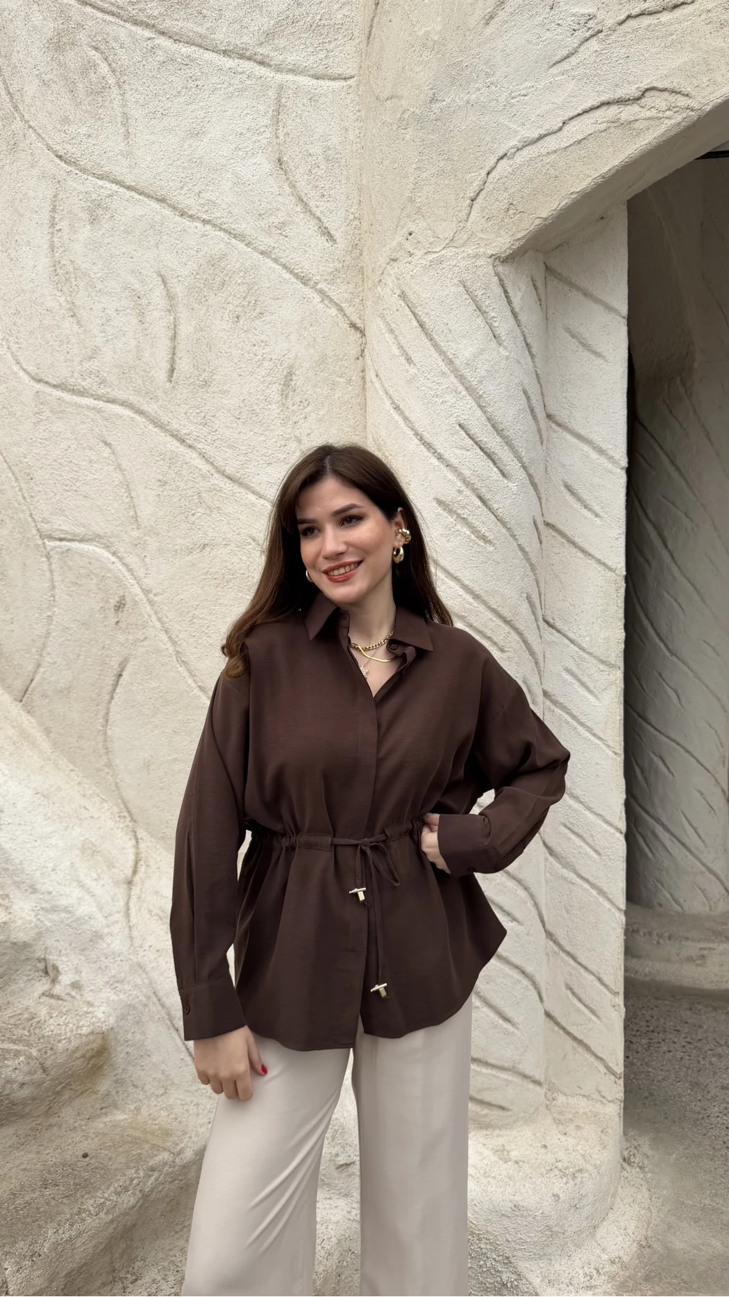 Tracy Belden Bağlamalı Gömlek - Acı Kahve - Kod: 2202