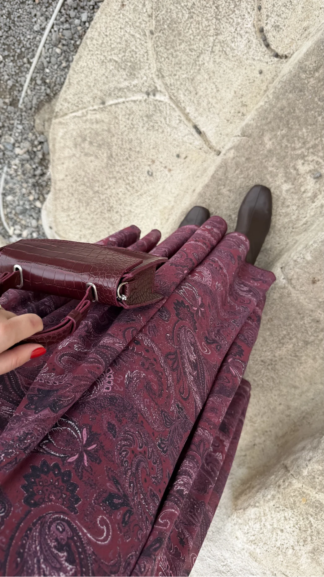 Beli Büzgülü Desenli Şifon Etek - Bordo - Kod: 0925