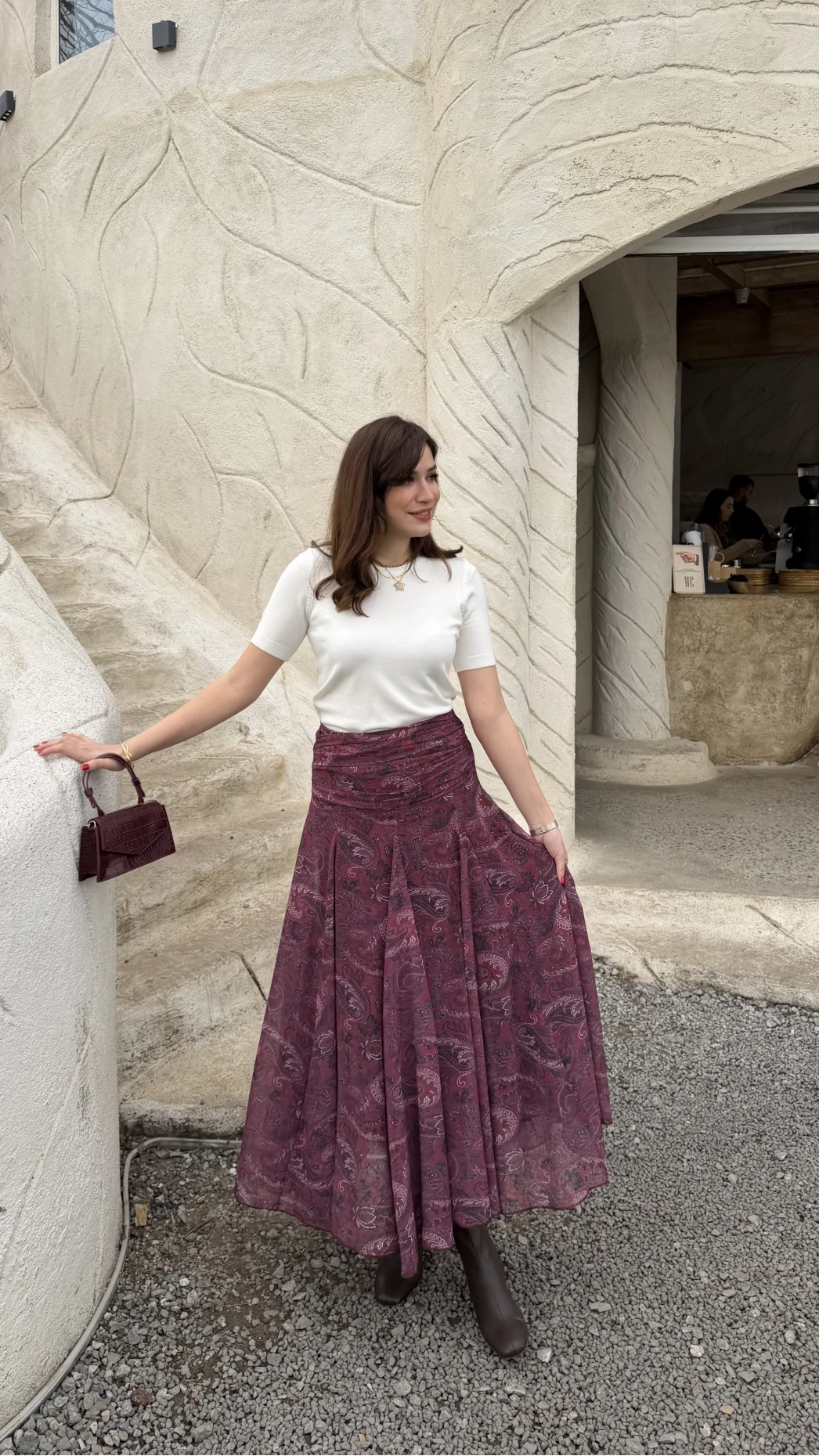 Beli Büzgülü Desenli Şifon Etek - Bordo - Kod: 0925