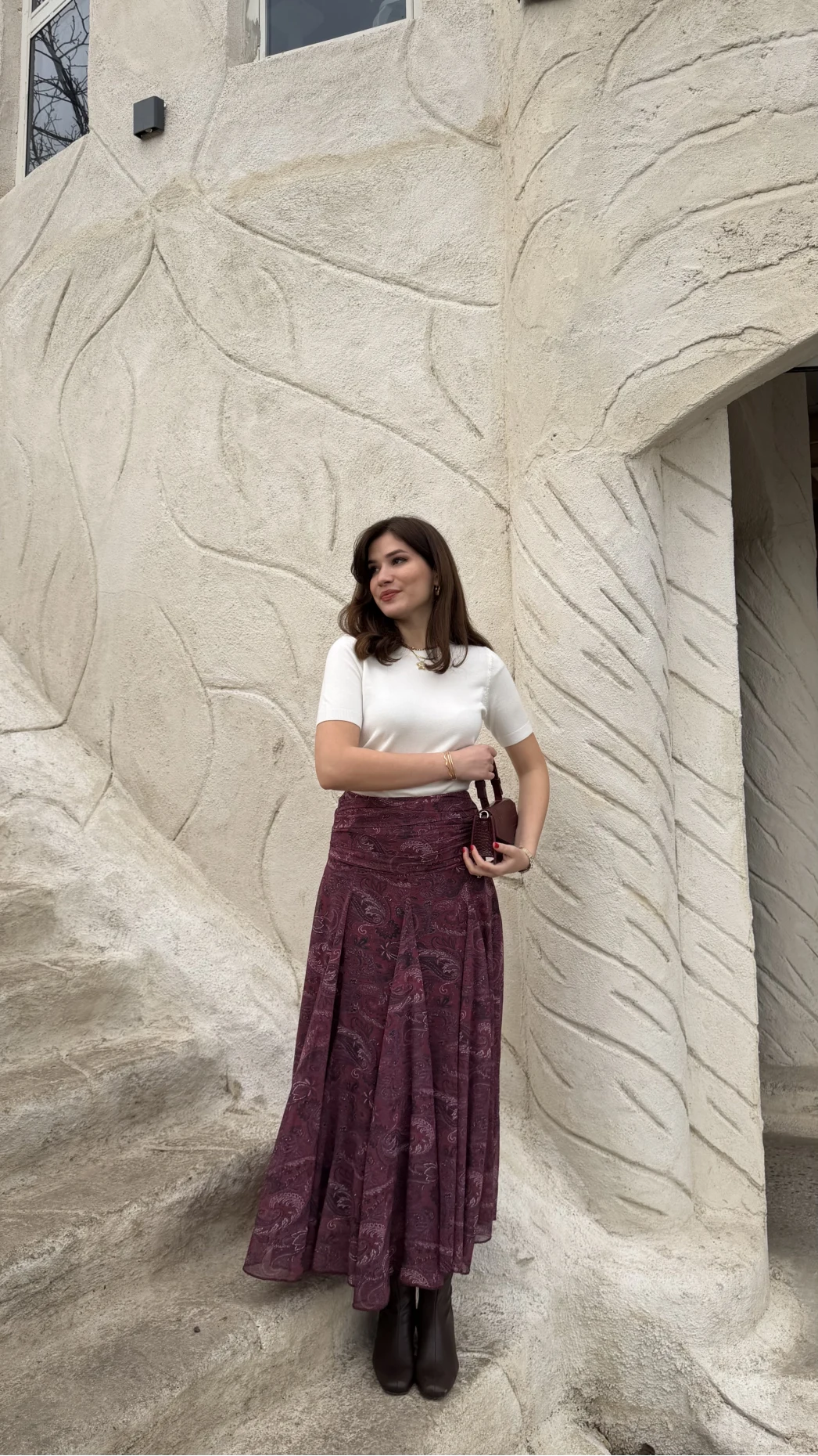 Beli Büzgülü Desenli Şifon Etek - Bordo - Kod: 0925