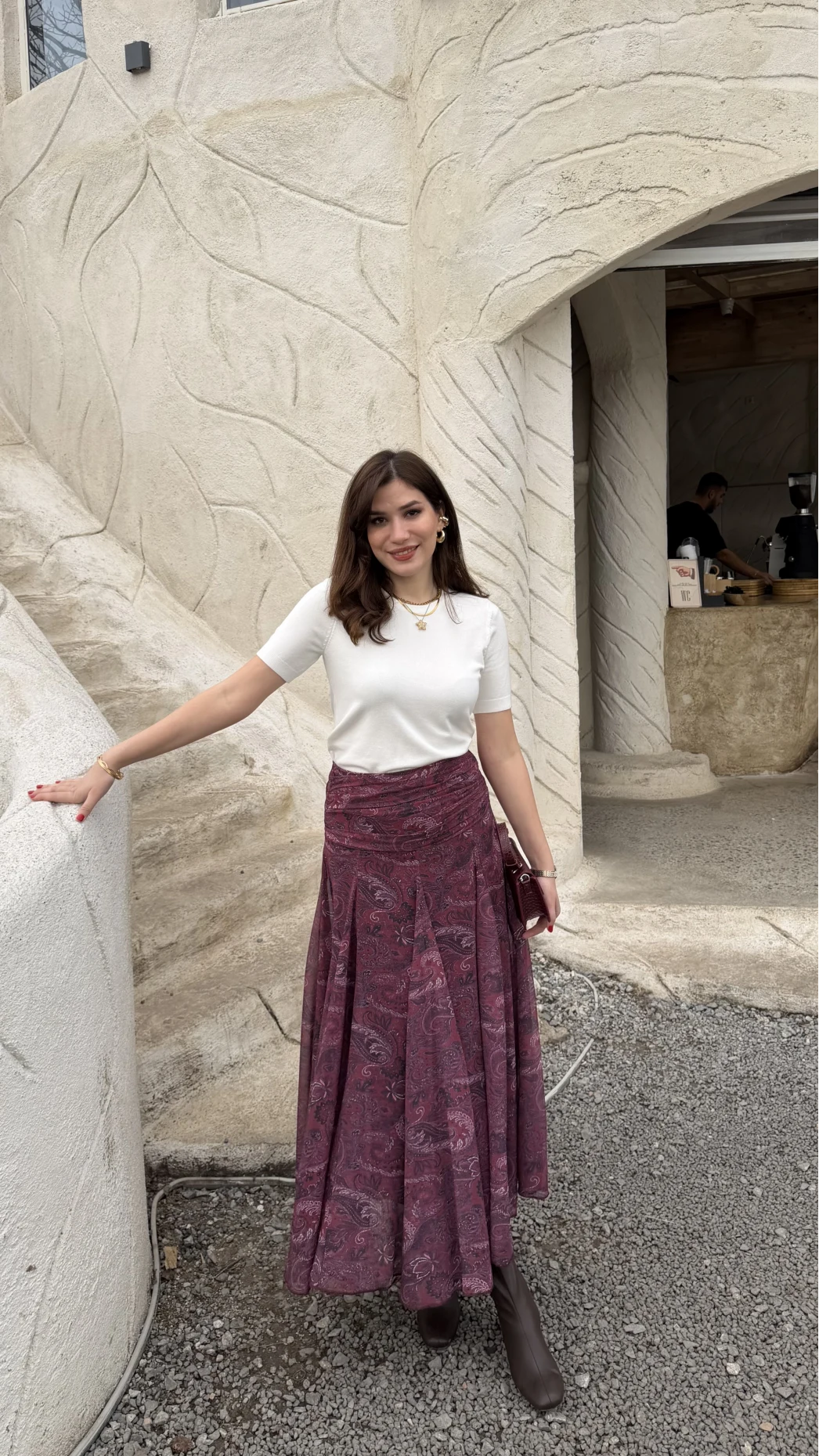 Beli Büzgülü Desenli Şifon Etek - Bordo - Kod: 0925