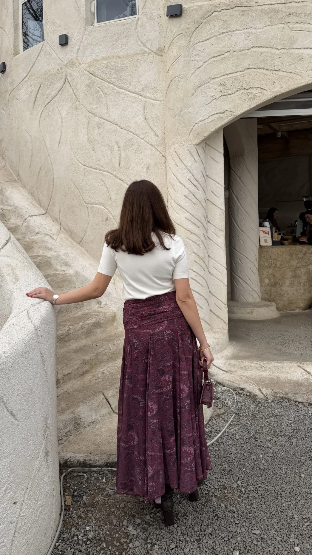 Beli Büzgülü Desenli Şifon Etek - Bordo - Kod: 0925