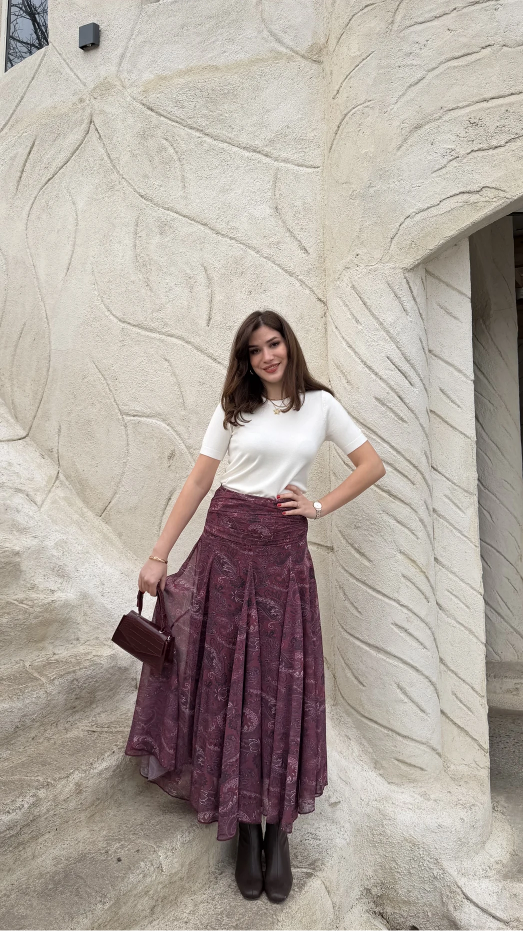 Beli Büzgülü Desenli Şifon Etek - Bordo - Kod: 0925